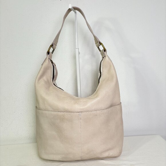 AMERICAN LEATHER CO Carrie Hobo Bag Stone Pebbled Leather Neutral Minimalist - Picture 4 of 16